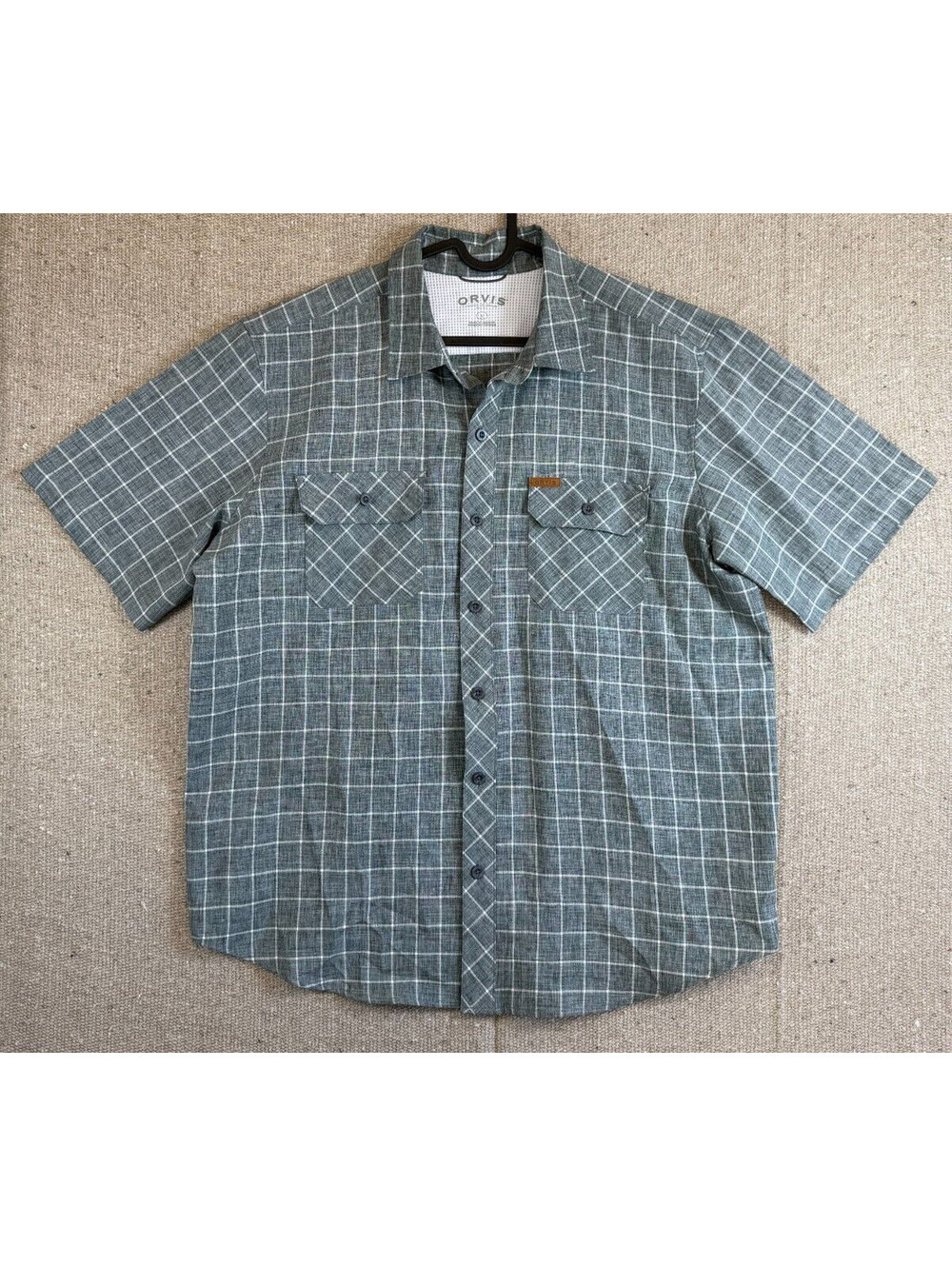 Men's Sz Large ORVIS Gray Short Sleeve Button Up Shirt Gingham